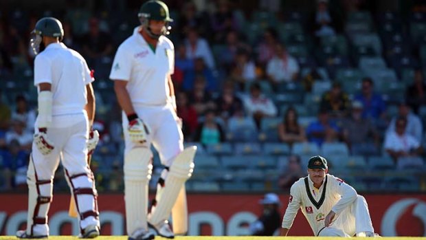 Dominant ... David Warner sits down after another boundary as South Africa pile on the runs on the second day of the third Test in Perth. The tourists have built a healthy lead in the series decider.