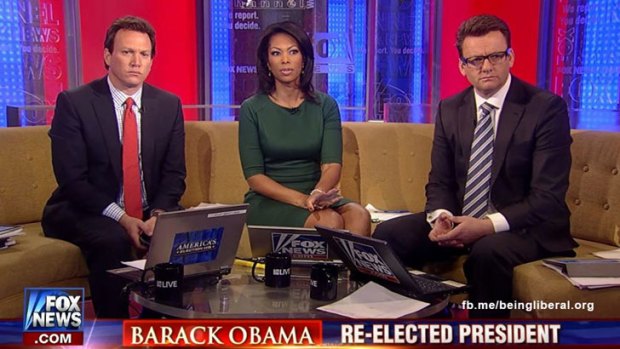 Stony faced &#8230; Fox News presenters take in the reality that Barack Obama has retained the presidency.