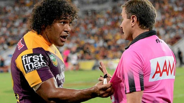 Broncos captain Sam Thaiday faces a one-week ban for grabbing referee Adam Devcich.