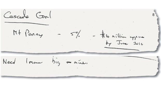 Greg Jone's handwriting &#8230; $4 million for Mr Macdonald by June 2015 and Mr Jone's wish for "1 more big mine".