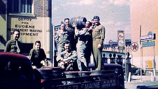 American G.I.s on the back of a Castlemaine Brewery truck in Charlotte Street, Brisbane, 1942.