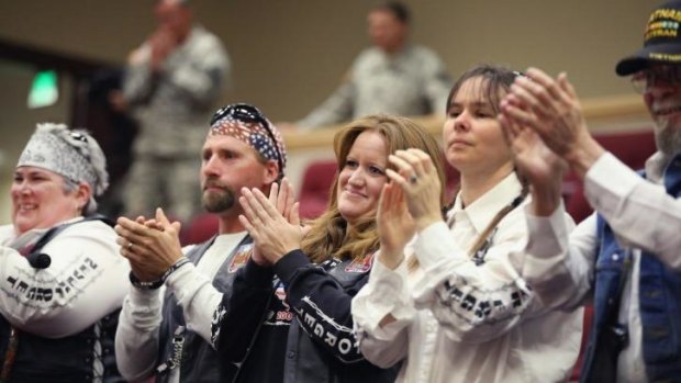 Applauded: members of Boise Valley Prisoners of War and Missing in Action at a press conference addressed by Sergeant Bergdahl's parents in Boise, Idaho.