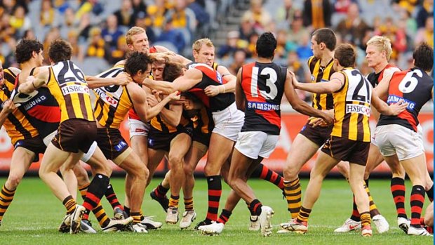 What Matthew made. The melee following Matthew Lloyd's infamous hit on Brad Sewell, round 22, 2009.