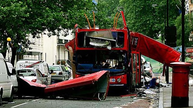 Terrorist attack ... the destroyed number 30 double-decker bus in Tavistock Square in London, which Richmal Oates-Whitehead falsely claimed to have boarded.