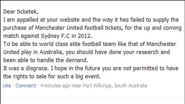 This message was posted on Ticketek 's Facebook page.