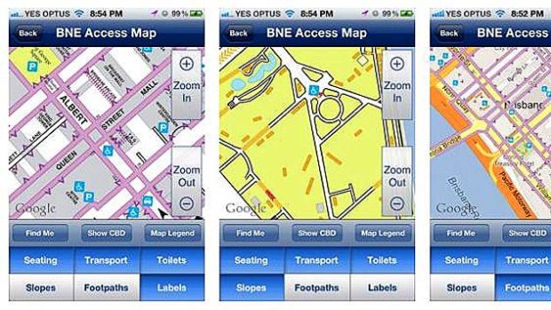 Screen shots from the Brisbane Access Map app.