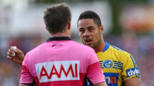 Parramatta co-captain Jarryd Hayne remonstrates with referee Jared Maxwell at Brookvale Oval on Sunday.