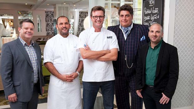Guest chefs Guillaume Brahimi and Russell Blakie with Gary Mehigan, Matt Preston and George Calombaris.