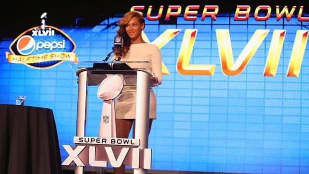Beyonce speaks at the Pepsi Super Bowl XLVII Halftime Show press conference.