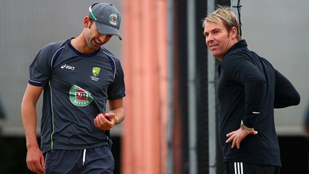 Nathan Lyon with Shane Warne during the Ashes tour of England last year.