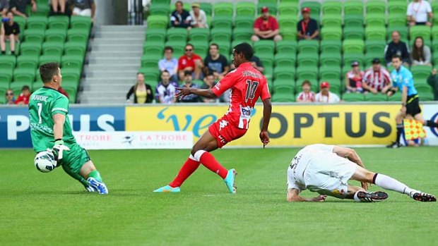 On target: Golgol Mebrahtu scores for Heart in the Melbourne side's win over Perth