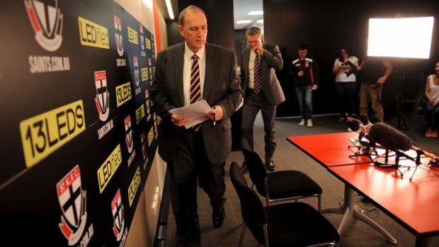 Big changes: St Kilda president Peter Summers and chief executive Michael Nettlefold announce the sacking of coach Scott Watters.