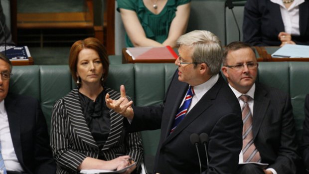 Dead spider ... Mr Rudd bounces his hand up and down to emphasise a point.