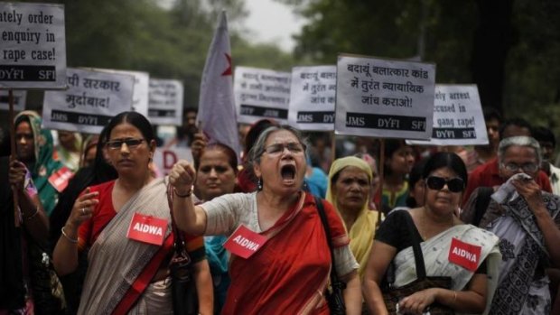 Members of the All India Democratic Women's Association take to the streets to protest after the rape and murder of two young girls last month.