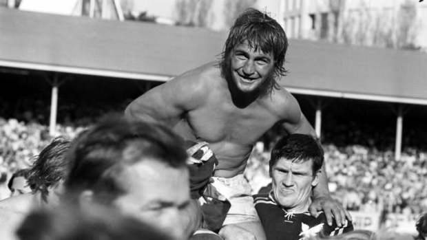 Back in the day: Winning Manly captain and hooker Fred Jones is chaired from the field by teammate Bill Hamilton following the 1972 grand final between Manly and the Roosters at the Sydney Cricket Ground,  won 19-14 by Manly.
