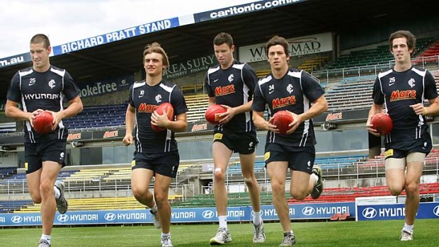 Thinking big: Carlton's draft class of 2010 comprised, from left, Luke Mitchell (198cm), Matthew Watson (195cm), Pat McCarthy (196cm), Nick Duigan (186cm) and Andrew McInnes (191cm).