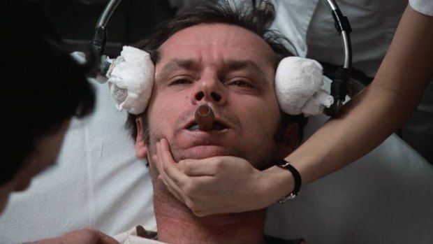 Jack Nicholson about to receive electroconvulsive therapy in <i>One Flew Over the Cuckoo's Nest</i>.
