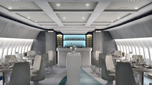 The plane's dining room and bar.