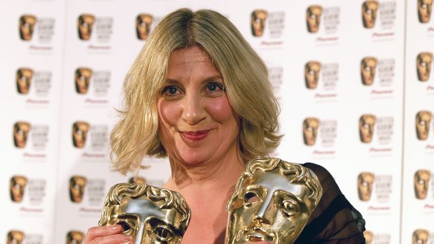 Victoria Wood holding her two Bafta awards in 2007.
