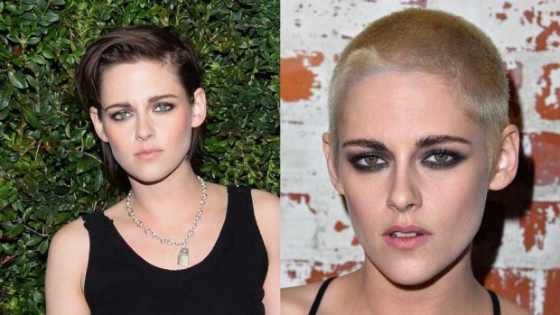 Kristen Stewart earlier in the year (on left) and with her new 'do on the right. 