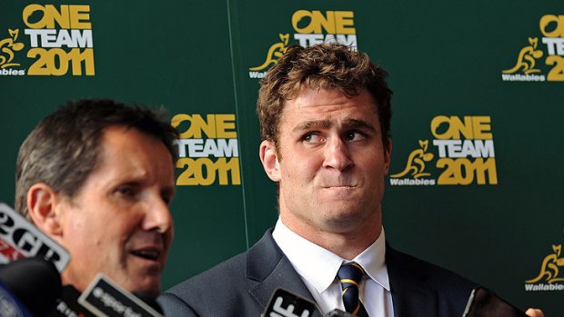 New Wallabies captain James Horwill and coach Robbie Deans face the media.