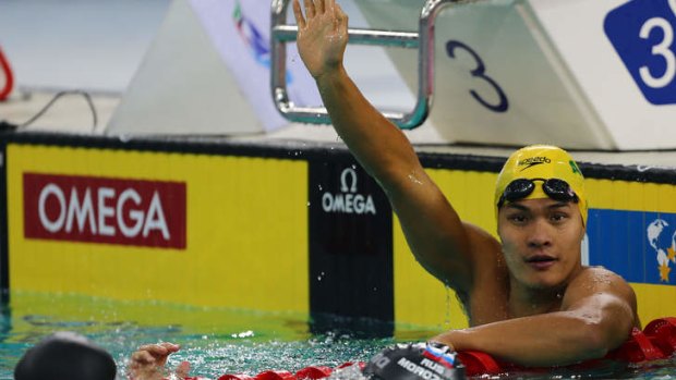 Kenneth To celebrates after winning the men's Individual Medley during the FINA Swimming World Cup in Dubai.