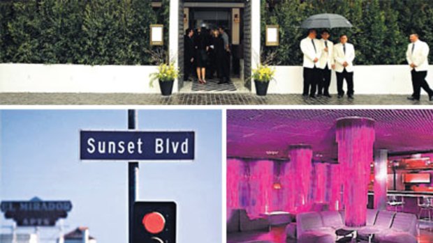 Playground ... (clockwise from above) Sunset Boulevard is where it all happens in West Hollywood; Cecconi’s is the hottest restaurant on the Strip; the Purple Lounge at The Standard Hotel.