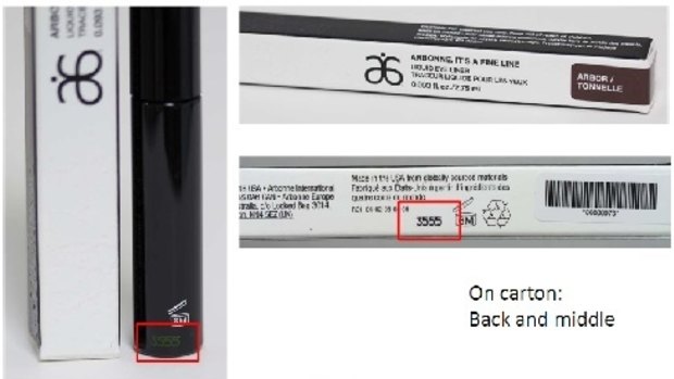 The shipments of the brown Arbonne "It's a Fine Line" liquid eyeliner that are being recalled.