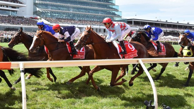 Last run: Gerald Mosse and Red Cadeaux (9) during the 2015 Melbourne Cup.