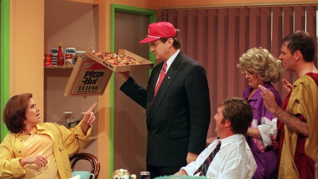 Scenes such as this one featuring former premier Jeff Kennett in an In Melbourne Tonight comedy skit would disappear if drones took over the job of pizza delivery.