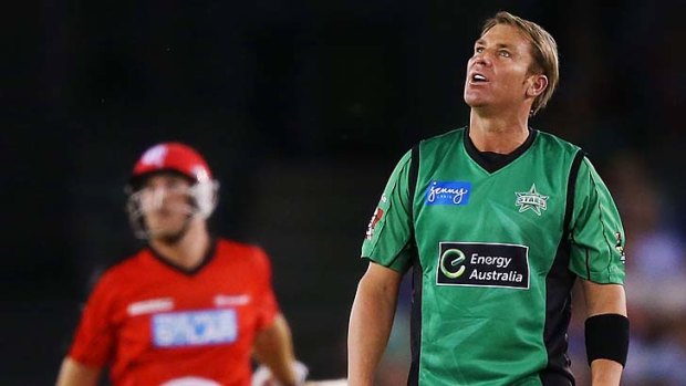 Belted &#8230; Shane Warne can only watch as Aaron Finch hits him for six on Friday night.