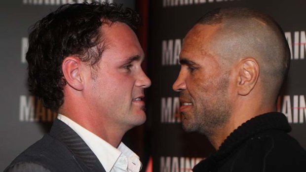 Daniel Geale and Anthony Mundine at yesterday's press conference in Sydney.