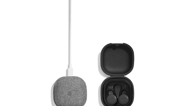 The Pixel Buds in their charging case.
