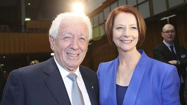 Billionaires backing political favourites ... Westfield Group executive chairman Frank Lowy with Prime Minister Julia Gillard.