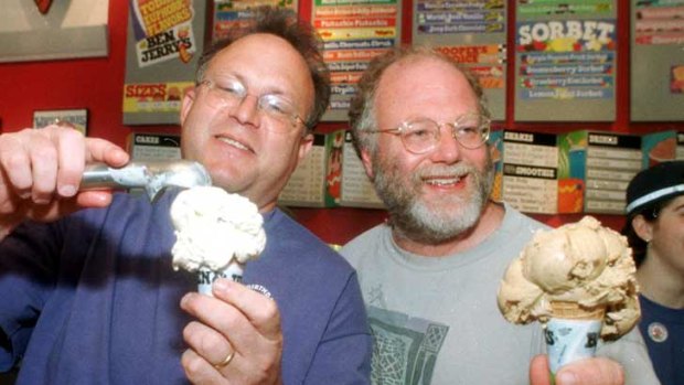 Friends Jerry Greenfield (left) and Ben Cohen celebrating the 20th anniversary of their business in 1998.