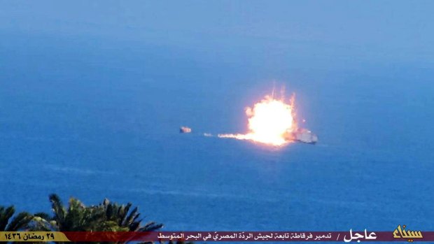 This image posted on a militant social media account affiliated with the Egyptian branch of Islamic State shows a fireball rising from an Egyptian Navy vessel.