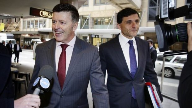 Mike Gallacher (left) arrives at the ICAC hearing with Arthur Moses, SC, on Thursday. 