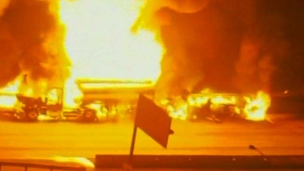 Over 22,700 litres of fuel burned as both vehicles were engulfed in flames.