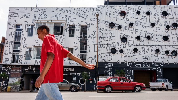 The exterior of the Rocket Factory residential building which was decorated as part of Johannesburg's Maboneng District gentrification programme.