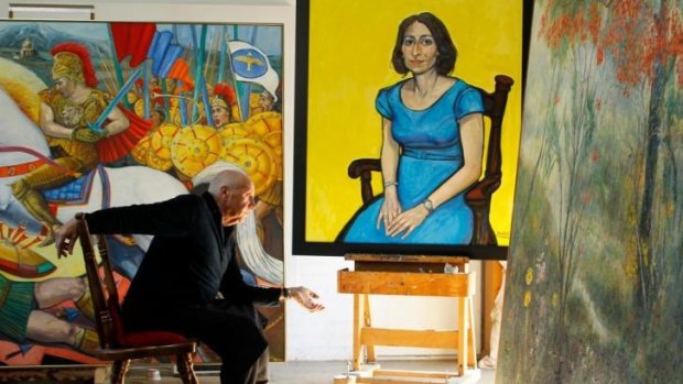 Salvatore Zofrea on front of his portrait of NSW Deputy Premier Gladys Berejiklian, which he is entering into the Archibald Prize.