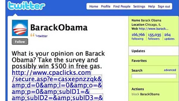Barack Obama's Twitter page after it was hacked.