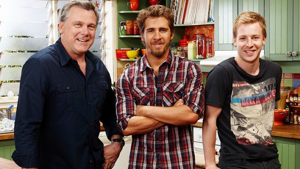 Hugh Sheridan (centre) with his <i>Rafters</i> co-stars Erik Thomson and Angus McLaren.