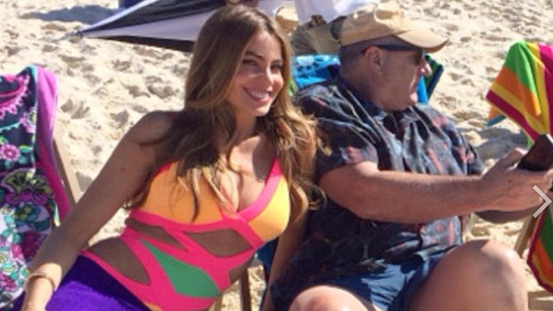More relaxed ... Sofia Vergara appeared much happier to be filming on Bondi beach, with Ed O'Neill, posting this on WhoSay.
