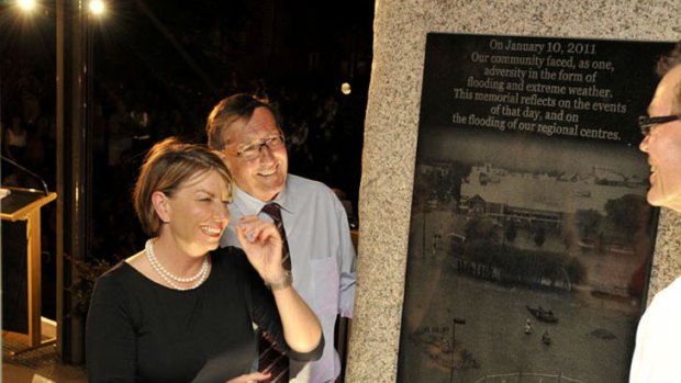 Premier Anna Bligh unveils a memorial to the Toowoomba flood.