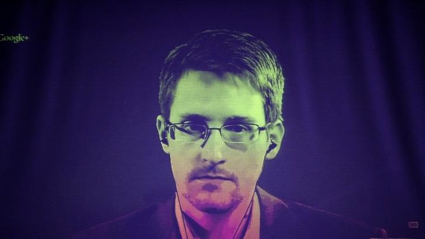 Edward Snowden speaking to European officials by videoconference link in June.