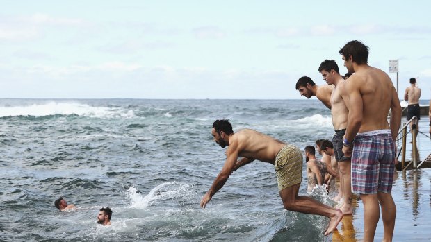 Taking the plunge: Adam Goodes dives in at Clovelly Beach with fellow Swans on Sunday.
