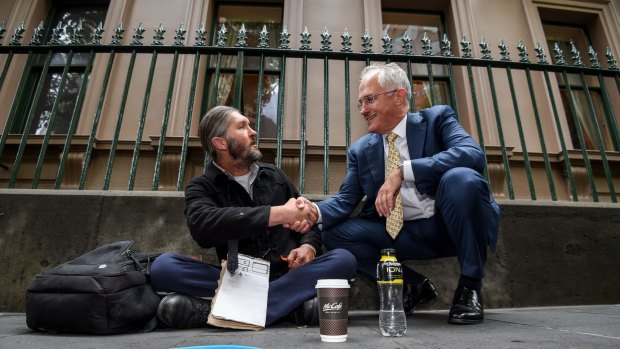 Prime Minister Malcolm Turnbull with homeless man Kent Kerswell in January.