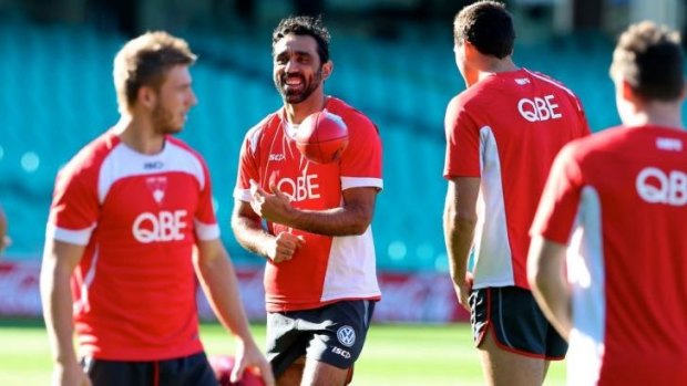 Just one of the boys: Adam Goodes at Swans training during the week.