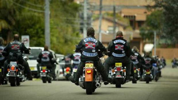 Gang wars … Rebels bikie gang members ride in a group.