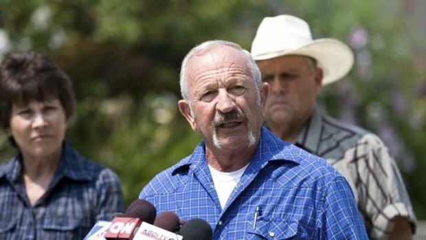 Mary Young, Mark John and Mike Young all from Sweet, Idaho, speak with the media during a news conference at the Ada County Sheriff's Office in Boise, Idaho.